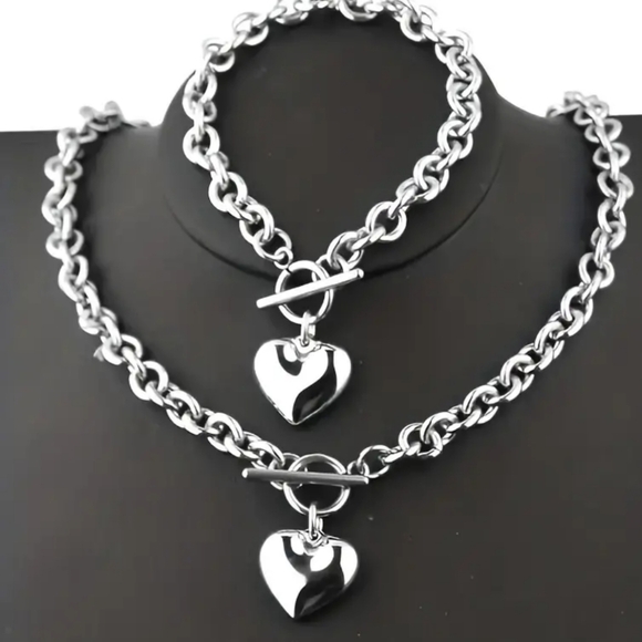Jewelry - 2/$40 Y2K Silver Heart Pendant Necklace and Bracelet Set-(#0100)